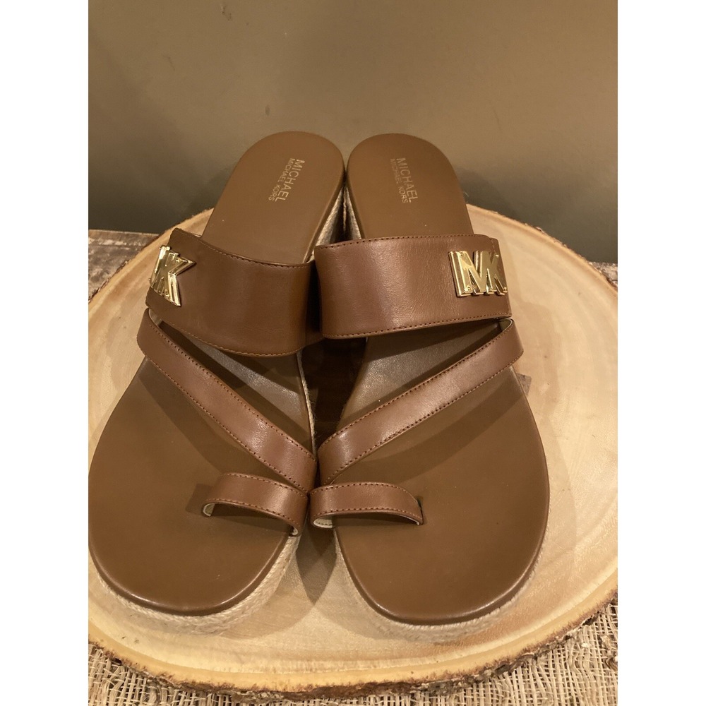 Michael Kors Women's Sidney Leather Espadrille Wedges Sandals Luggage Sz-10 - Picture 7 of 9